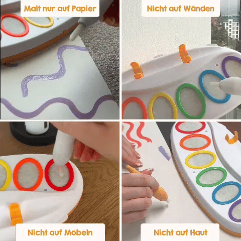 Vier Bilder zeigen einen Marker, der ausschließlich auf Papier zeichnet, nicht auf Wänden, Möbeln oder der Haut. Jede Aktion ist mit einer deutschen Bildunterschrift versehen: „Nur auf Papier“, „Nicht auf Wänden“, „Nicht auf Möbeln“, „Nicht auf der Haut“.