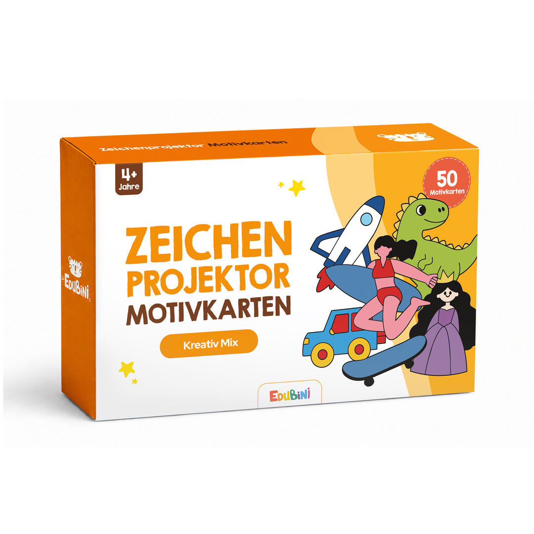 Eine Schachtel mit 50 „Edubini“-Motivkarten für den Zeichenprojektor (Kreativ-Mix) für Kinder, mit farbenfrohen Abbildungen einer Rakete, eines Dinosauriers, eines Autos, einer Prinzessin und eines Skateboards auf der Vorderseite. Dieses Erweiterungsset für den Zeichenprojektor enthält 50 Karten mit einer Vielzahl kreativer Zeichenmotive und ist ideal für Kinder ab 4 Jahren.