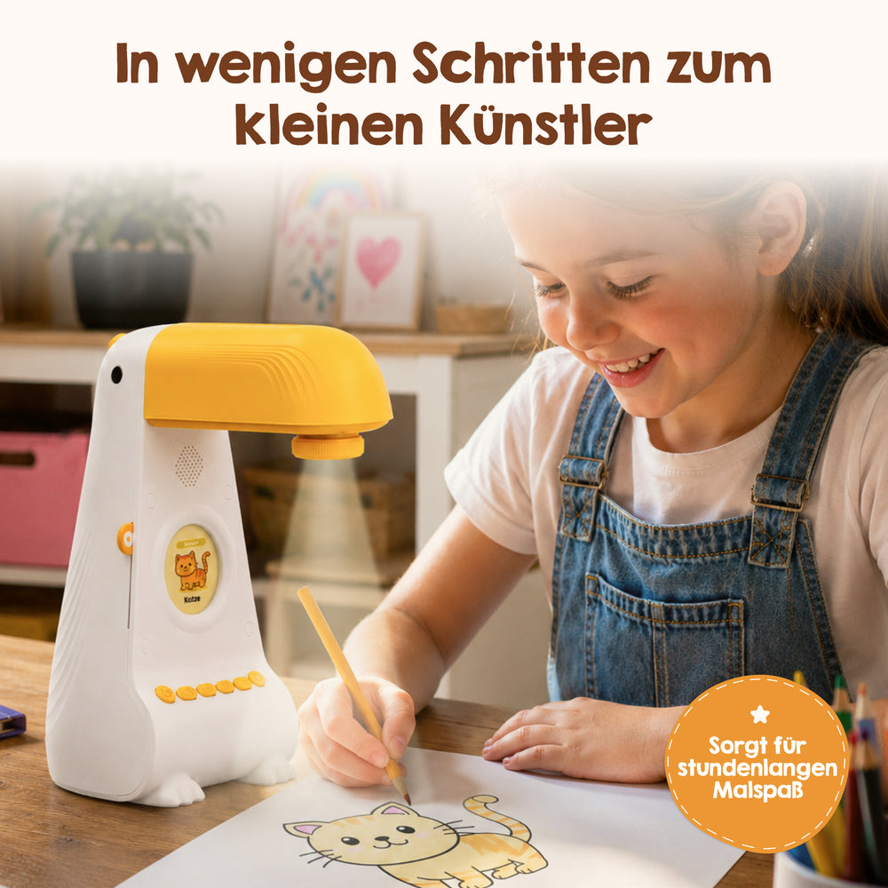 Ein lächelndes Kind malt mit dem Edubini Zeichen-Projektor (Geschenk-Starterset) von Edubini eine Comic-Katze auf Papier. Der deutsche Text darüber lautet: „In wenigen Schritten zum kleinen Künstler“. Auf einem Aufkleber darunter steht: „Sorgt für stundenlangen Malspaß“.