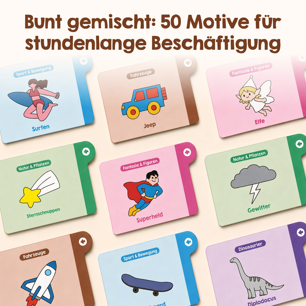 Fünfzig illustrierte Motivkarten für den Zeichenprojektor (Kreativ-Mix) von Edubini, die jeweils verschiedene farbenfrohe Motive zeigen – darunter Surfer, Jeep, Elf, Sternschnuppe, Superheld, Gewitter, Flugzeug, Skateboard und Diplodocus. Jede Karte verfügt über lebhafte Hintergründe und deutsche Beschreibungen der jeweiligen Szene – damit eignen sie sich perfekt als Teil Ihres Edubini-Zeichenprojektor-Erweiterungssets oder als kreatives Zeichenprojektor-Zubehör für fantasievolles Lernen und Spielen.