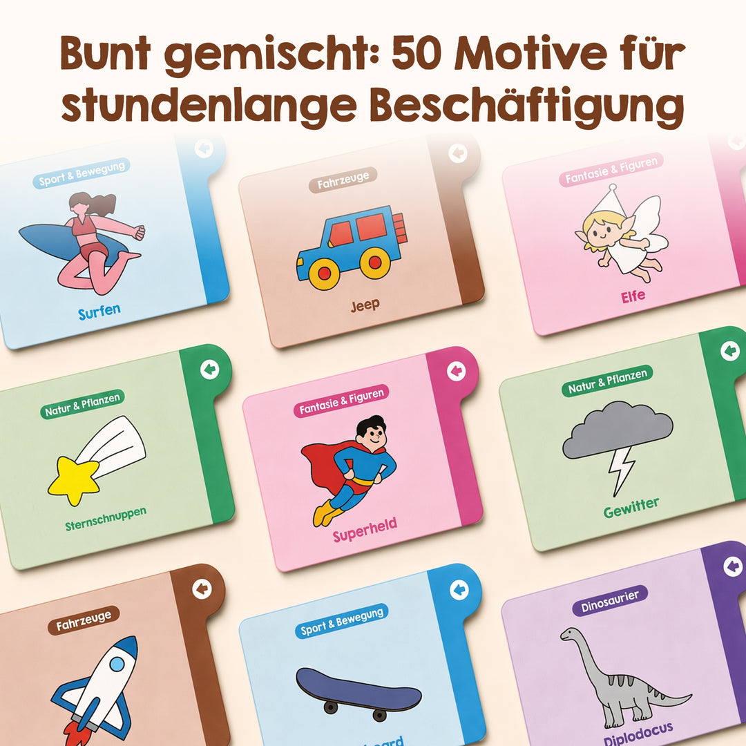 Fünfzig illustrierte Motivkarten für den Zeichenprojektor (Kreativ-Mix) von Edubini, die jeweils verschiedene farbenfrohe Motive zeigen – darunter Surfer, Jeep, Elf, Sternschnuppe, Superheld, Gewitter, Flugzeug, Skateboard und Diplodocus. Jede Karte verfügt über lebhafte Hintergründe und deutsche Beschreibungen der jeweiligen Szene – damit eignen sie sich perfekt als Teil Ihres Edubini-Zeichenprojektor-Erweiterungssets oder als kreatives Zeichenprojektor-Zubehör für fantasievolles Lernen und Spielen.