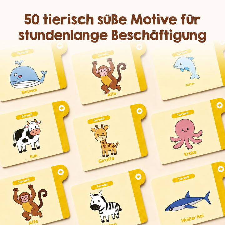 Entdecken Sie neun wunderschön illustrierte Tierkarten aus Edubinis „50 Motivkarten für den Zeichenprojektor (Tierwelt)“ – einschließlich der deutschen Bezeichnungen für Wal, Affe, Delfin, Kuh, Giraffe, Oktopus, Zebra und Hai – sowie eine Überschrift, die die gesamte Auswahl der 50 „Tierwelt“-Motive für endlosen kreativen Spaß hervorhebt. Perfekt als Motivkarten oder in Kombination mit einem Zeichenprojektor, um fantasievolles Spielen anzuregen und das Lernen zu fördern.