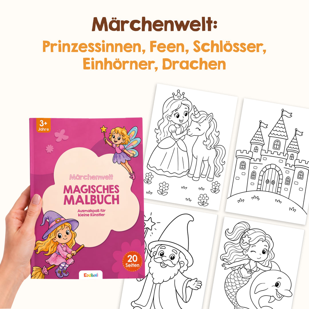 Eine Hand hält das „Edubini Malbuch für Zauber-Malkasten“ – ein deutsches Malbuch zum Thema Märchen, ideal zum Ausmalen für Kinder – mit bezaubernden Bildern von Prinzessinnen, Einhörnern und Feen. Unterhalb des Buches sind drei schwarz-weiße Malvorlagen aus diesem zauberhaften Malbuch zu sehen: eine Prinzessin, ein Schloss und ein Zauberer, die alle nur darauf warten, mit Farbe zum Leben erweckt zu werden.