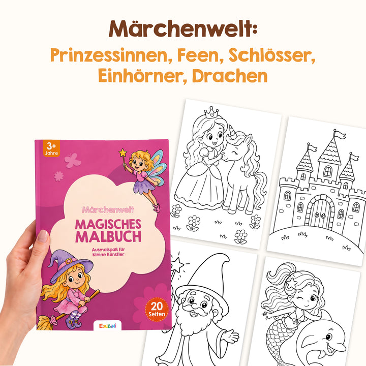 Eine Hand hält das „Edubini Malbuch für Zauber-Malkasten“ – ein deutsches Malbuch zum Thema Märchen, ideal zum Ausmalen für Kinder – mit bezaubernden Bildern von Prinzessinnen, Einhörnern und Feen. Unterhalb des Buches sind drei schwarz-weiße Malvorlagen aus diesem zauberhaften Malbuch zu sehen: eine Prinzessin, ein Schloss und ein Zauberer, die alle nur darauf warten, mit Farbe zum Leben erweckt zu werden.