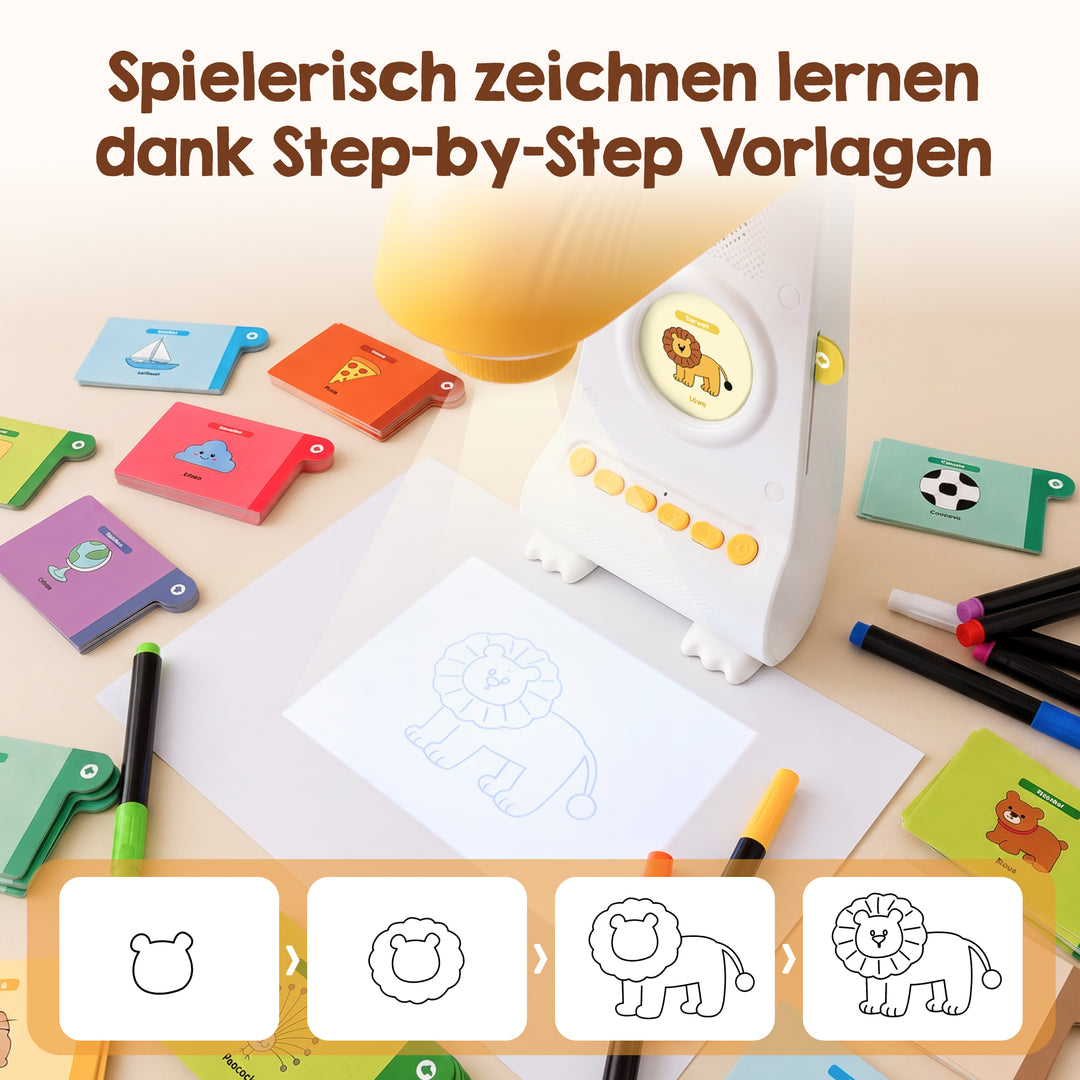 Der Edubini-Zeichenprojektor (Geschenk-Starterset) von Edubini projiziert die Umrisse eines Löwen auf das Papier, ergänzt durch bunte Zeichenvorlagen, Stifte und Vorlagen. Der deutsche Text lautet: Spielerisches Zeichnen lernen dank Schritt-für-Schritt-Vorlagen.