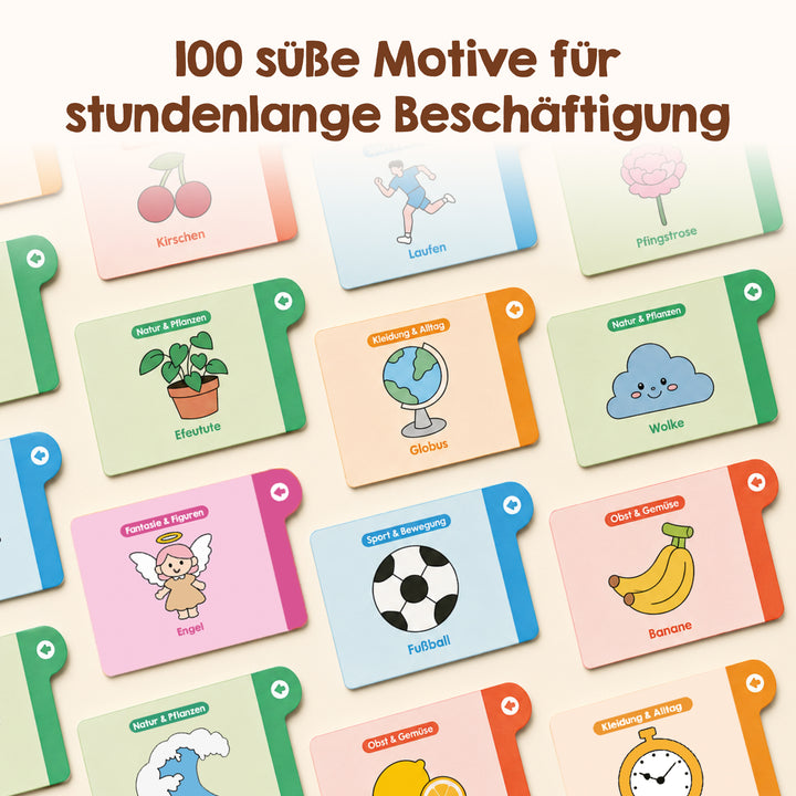 Abbildung des Edubini Zeichen-Projektors (Geschenk-Starterset) von Edubini: bunte Lernkarten mit niedlichen Cartoon-Motiven und deutschen Wörtern wie Kirschen, Globus, Elefant, Wolke, Fußball, Banane, Engel und viele mehr – ideal für den Einsatz mit einem Zeichen-Projektor oder Mal-Projektor. Überschrift auf Deutsch: „Über 100 süße Motive“. Perfekt für inspirierende Ideen zum Zeichnen mit Kindern!.