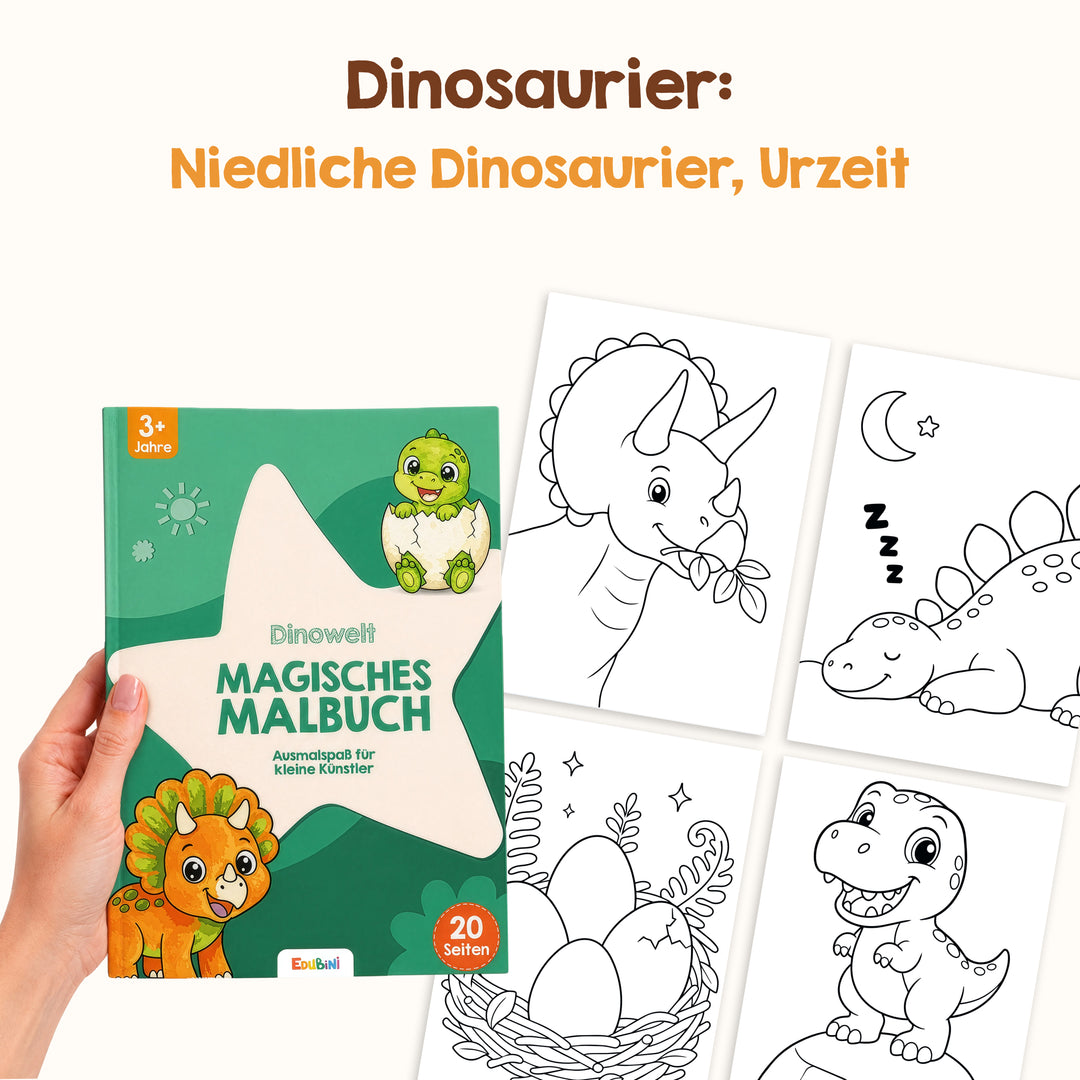 Eine Hand hält das „Edubini Malbuch für Zauber-Malkasten“, ein deutsches Dinosaurier-Malbuch für kleine Kinder. Vier konturierte Malvorlagen zeigen niedliche Dinosaurier in verschiedenen Posen – einer schläft, ein anderer schlüpft gerade aus einem Ei – und bieten perfekte Ausmalmotive für Kinder, die dieses zauberhafte Malbuch zu einem ganz besonderen Vergnügen machen.