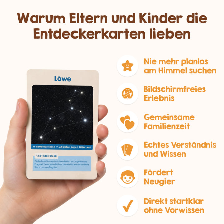 Eine Hand hält eine Karte mit der Sternkonstellation „Löwe“ aus der Edubini-Reihe „Sterngucker Entdeckerkarten für Kinder“. Der Text hebt hervor, warum Eltern und Kinder diese Entdeckerkarten schätzen, und betont Vorteile wie den Zusammenhalt in der Familie, das Kennenlernen von Sternbildern für Kinder und das Erleben bildschirmfreier Momente. Illustrierte Symbole veranschaulichen jeden der wichtigsten Vorteile und machen die „Sterngucker Entdeckerkarten“ von Edubini zur ersten Wahl für neugierige Familien.