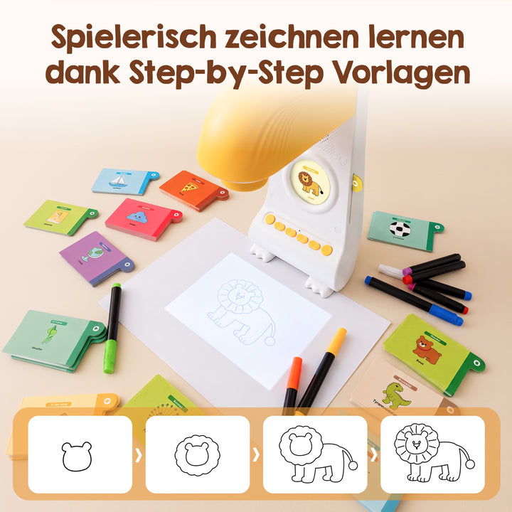 Ein Zeichenprojektor projiziert den Umriss eines Löwen auf Papier, umgeben von buntem Zeichenprojektor-Zubehör wie Zeichenschablonen und Filzstiften. Unten befinden sich Motivkarten für Kinder mit Schritt-für-Schritt-Anleitungen zum Zeichnen eines Löwen aus dem Set „50 Motivkarten für den Zeichenprojektor (Kreativ-Mix)“ von Edubini. Der deutsche Text oben hebt dieses kreative Lern-Erweiterungsset hervor.