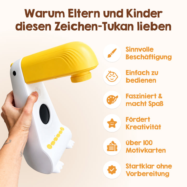 Eine Hand hält den Edubini Zeichen-Projektor (Geschenk-Starterset), ein gelb-weißes, toukanförmiges Zeichen-Gerät von Edubini. Der Text hebt die Vorteile für Kinder hervor: fesselnd, einfach zu bedienen, macht Spaß, fördert die Kreativität, enthält über 100 Karten und ist sofort einsatzbereit – mit Symbolen auf der rechten Seite, die jeden Vorteil veranschaulichen.