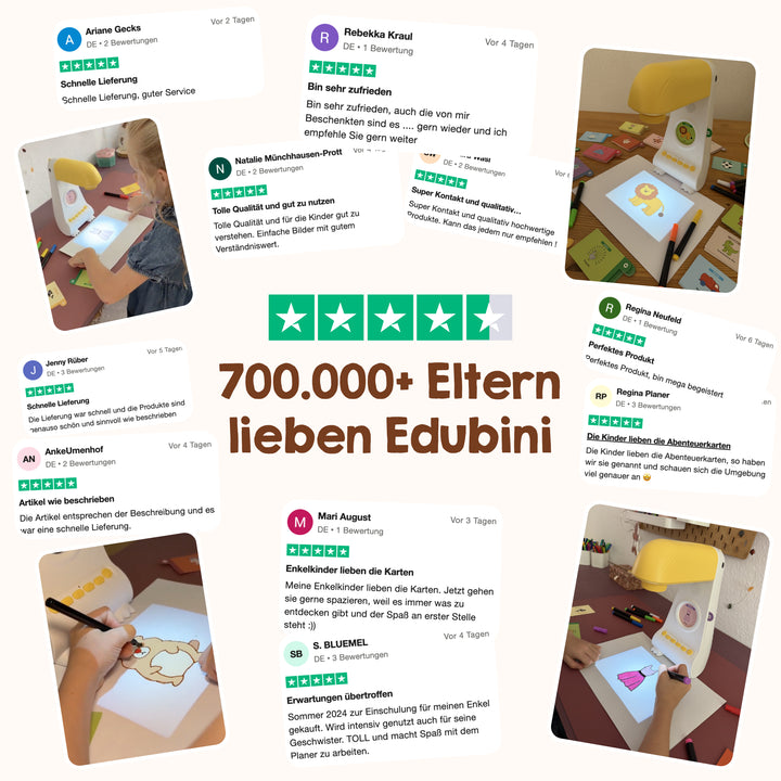 Trustpilot-Bewertungen von Eltern werden von Fotos von Kindern umrahmt, die mit einem Edubini-Gerät und dem Zubehör für den Zeichenprojektor malen. In der Mitte steht in fetter Schrift auf Deutsch: Über 700.000 Eltern lieben Edubini. Die 50 Motivkarten für den Zeichenprojektor (Kreativ-Mix) von Edubini sorgen zusammen mit dem Edubini-Zeichenprojektor-Erweiterungsset für kreativen Malspaß bei kleinen Künstler*innen.