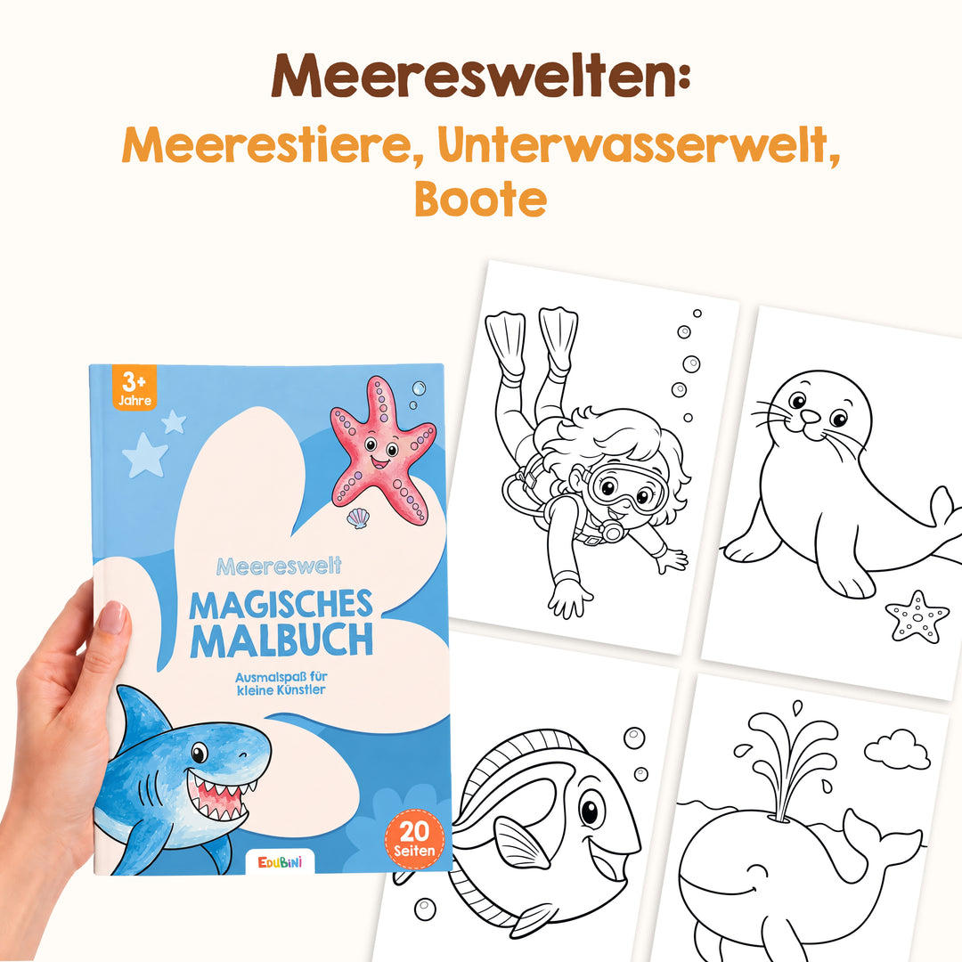 Eine Hand hält ein „Edubini Malbuch für Zauber-Malkasten“, auf dessen Einband ein Hai und ein Seestern abgebildet sind. Vier schwarz-weiße Malvorlagen zum Thema Meer – mit einem schwimmenden Mädchen, einer Robbe, einer Muschel und einem Fisch mit Korallen – machen es zum perfekten Malbuch für Kinder, die Meeresabenteuer lieben.