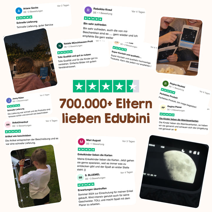 Collage aus positiven Trustpilot-Bewertungen auf Deutsch, mit Fotos von Kindern, die Lernprodukte wie die „Edubini Sterngucker Entdeckerkarten für Kinder“ und das „Edubini Astroscope“ nutzen, sowie einem fettgedruckten Text in der Mitte: „Über 700.000 Eltern lieben Edubini“ vor weißem Hintergrund.