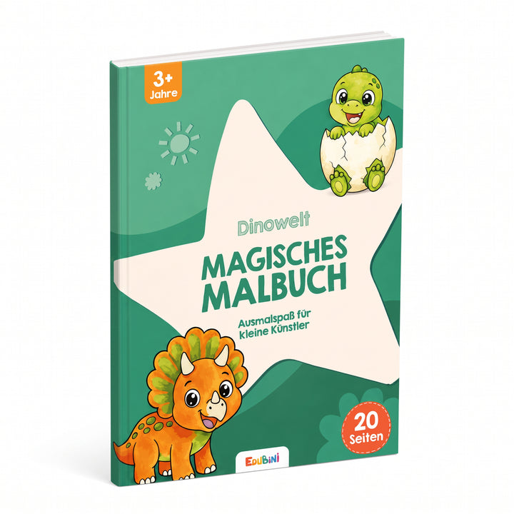 Umschlag eines Malbuchs für Kinder mit einem grünen Stern, einem aus einem Ei schlüpfenden Baby-Dinosaurier und einem lächelnden orangefarbenen Triceratops, mit deutschem Text. Das Buch mit dem Titel „Malbuch für Zauber-Malkasten“ von Edubini bietet „Ausmalen für Kinder“ mit 20 Seiten voller zauberhafter Illustrationen für Kinder ab 3 Jahren.