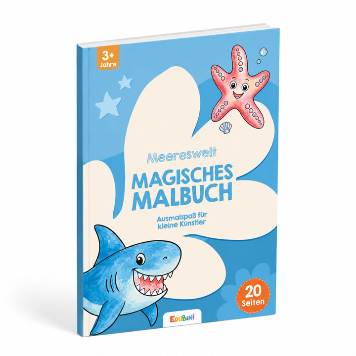 Wecken Sie die Kreativität Ihrer Kleinen mit dem „Malbuch für Zauber-Malkasten“ von Edubini! Dieses bezaubernde Malbuch für Kinder zeigt auf dem Einband einen blauen Hai und einen rosa Seestern vor einem leuchtend blauen Hintergrund, der mit Illustrationen zum Thema Meer verziert ist. Der Titel „MAGISCHES MALBUCH“ leuchtet hell auf dem Einband. Dieses zauberhafte Malbuch eignet sich perfekt zum Ausmalen für Kinder, umfasst 20 Seiten und ist für Kinder ab 3 Jahren konzipiert – damit ist es eine ideale