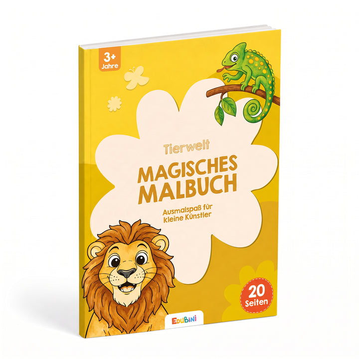 Leuchtend gelbes Malbuch für Kinder mit dem Titel „Malbuch für Zauber-Malkasten“ von Edubini, auf dessen Cover ein Löwe, ein Chamäleon und eine Blume abgebildet sind. Dieses „Ausmalen Kinder“-Buch ist für Kinder ab 3 Jahren konzipiert, bietet 20 Seiten voller kreativer Unterhaltung und eignet sich perfekt für kleine Künstler. Der Untertitel unterstreicht den zauberhaften Charakter des Buches, der die Fantasie der Kleinen beflügelt.