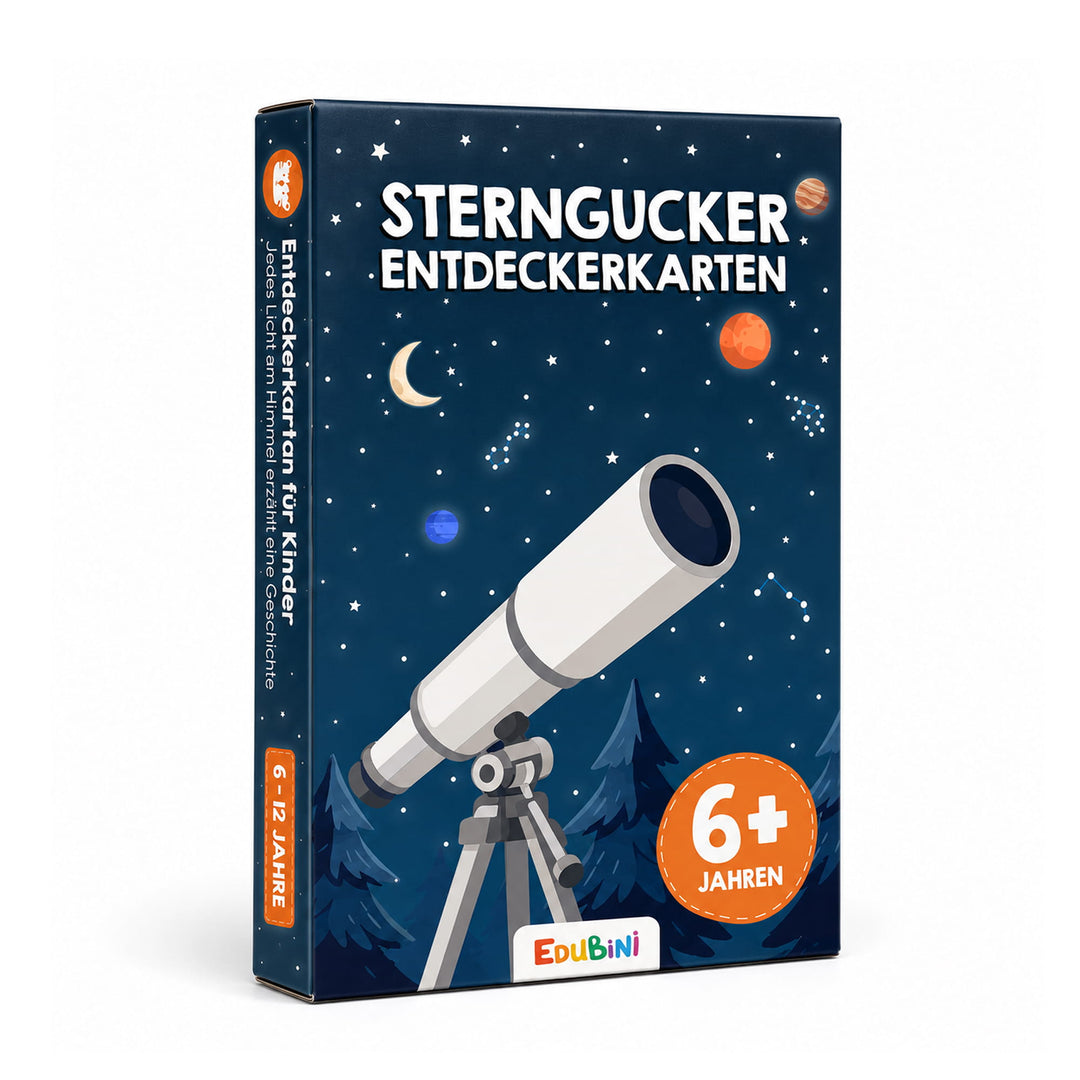 Schachtel mit „Edubini Sterngucker Entdeckerkarten für Kinder“ mit einem Fernrohr, Planeten und Sternen vor einem Nachthimmel – ideal zum Beobachten des Nachthimmels – für Kinder ab 6 Jahren und mit dem Edubini-Astroskop-Logo auf der Vorderseite.